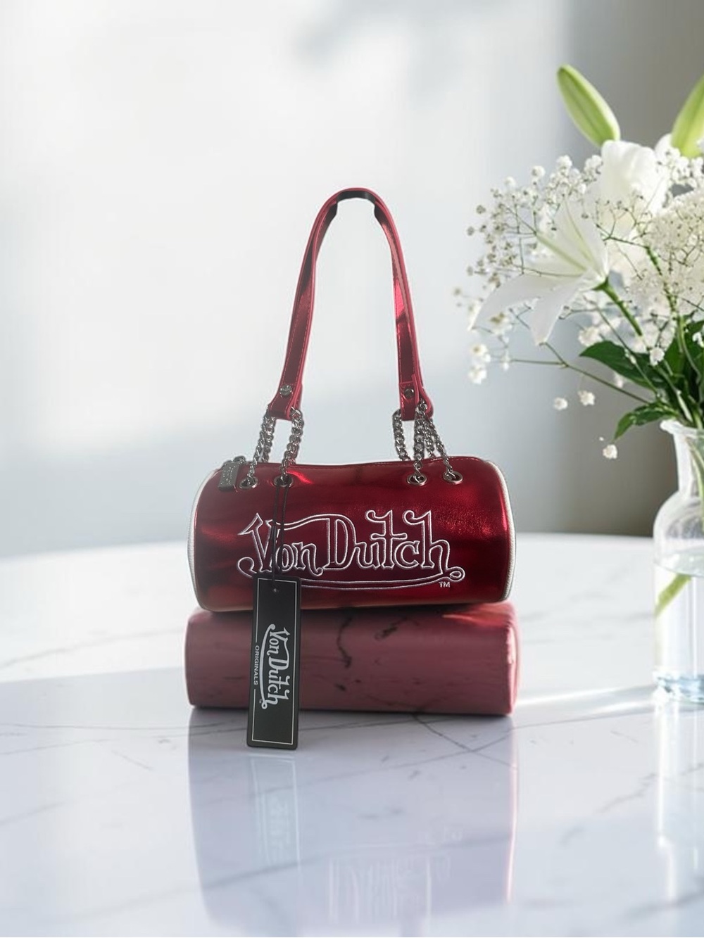Von Dutch Metallic Red Long Barrel Bag with Chain Straps NWT - Picture 1 of 2